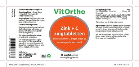 VitOrtho Zink+C zuigtabletten ingredienten label