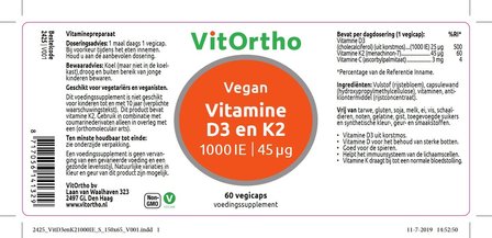 VitOrtho Vitamine D3 en K2 ingredienten label